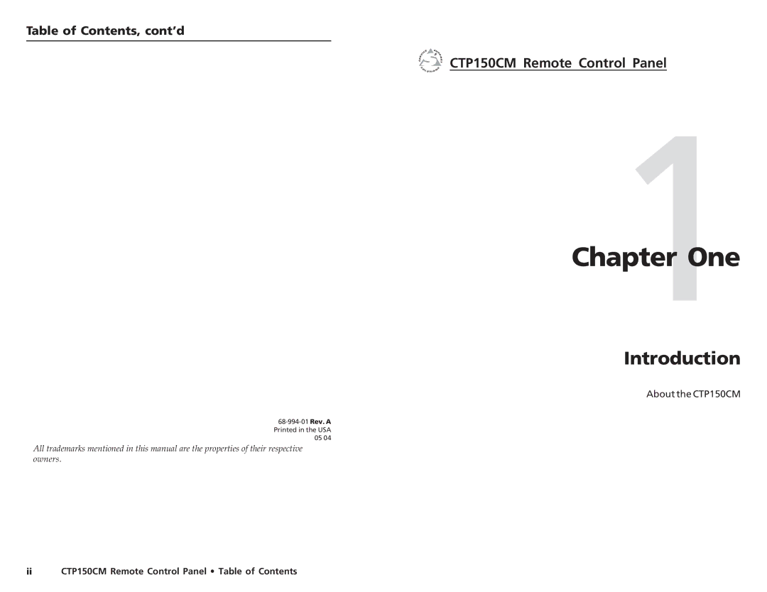 Extron electronic CTP150CM user manual One, Introduction, Table of Contents, cont’d 