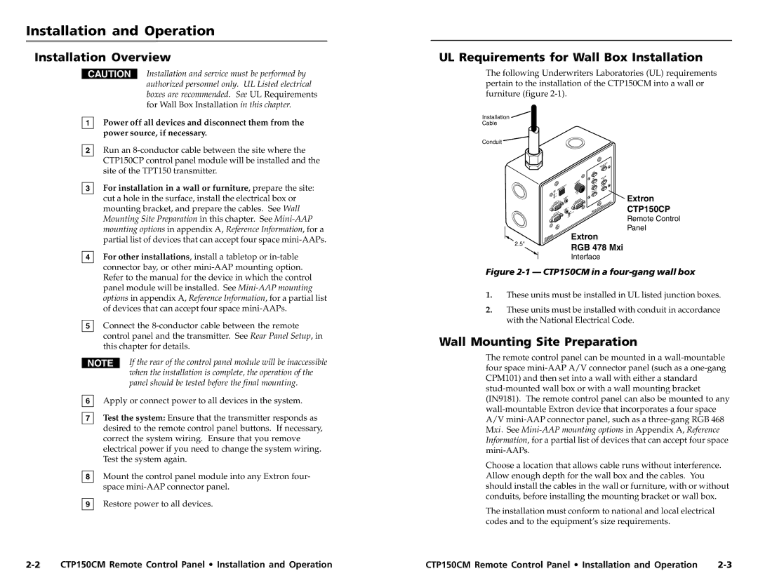 Extron electronic CTP150CM user manual UL Requirements for Wall Box Installation, Wall Mounting Site Preparation 