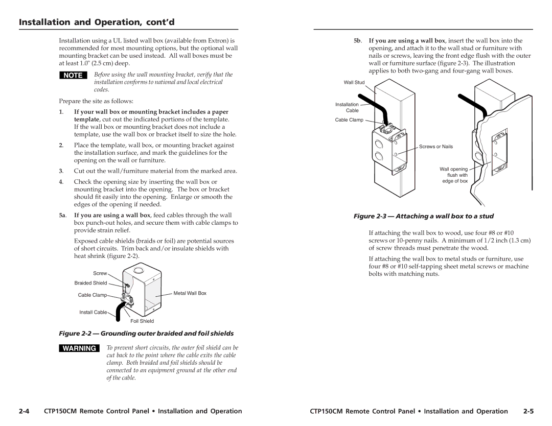 Extron electronic CTP150CM Installation and Operation, cont’d, If your wall box or mounting bracket includes a paper 