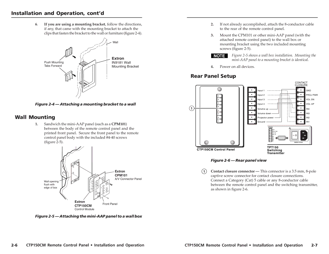 Extron electronic CTP150CM user manual Rear Panel Setup, Wall Mounting 