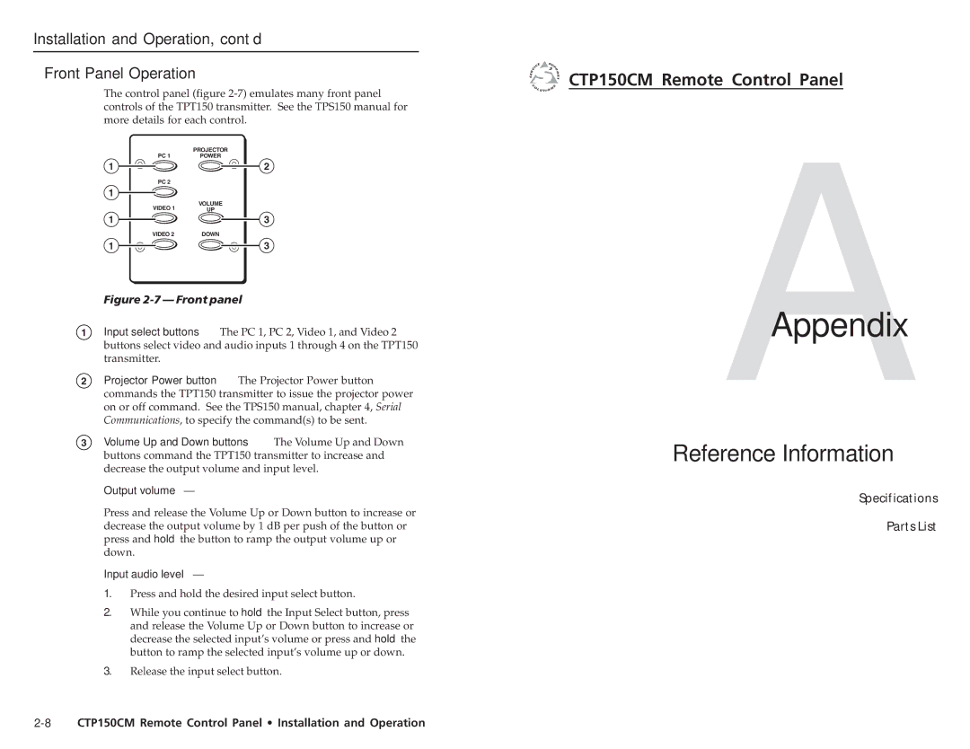 Extron electronic CTP150CM AAppendix, Reference Information, Installation and Operation, cont’d Front Panel Operation 