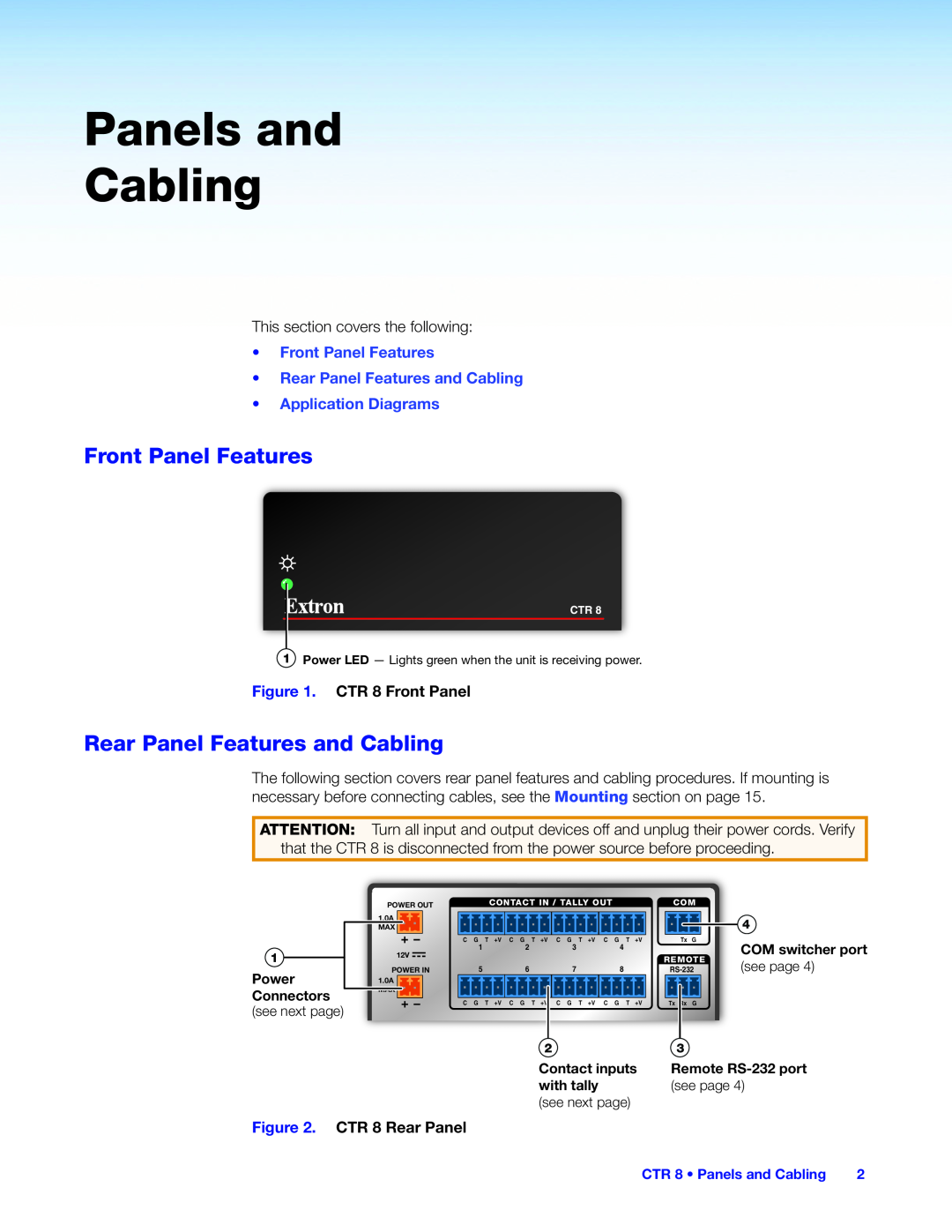 Extron electronic CTR 8 Panels and Cabling, Front Panel Features, Rear Panel Features and Cabling, Application Diagrams 