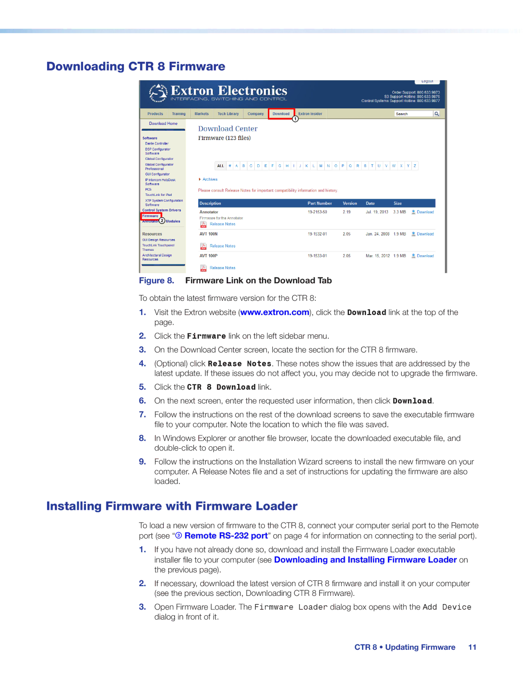 Extron electronic manual Downloading CTR 8 Firmware, Installing Firmware with Firmware Loader 