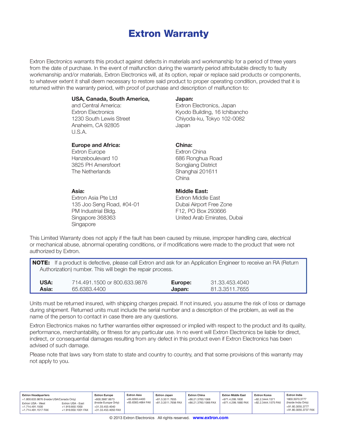 Extron electronic CTR 8 manual USA, Canada, South America Japan, Europe and Africa China, Asia Middle East 