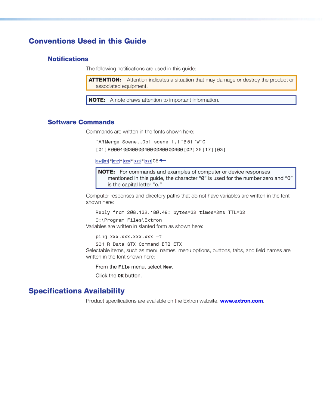 Extron electronic CTR 8 Conventions Used in this Guide, Specifications Availability, Notifications, Software Commands 