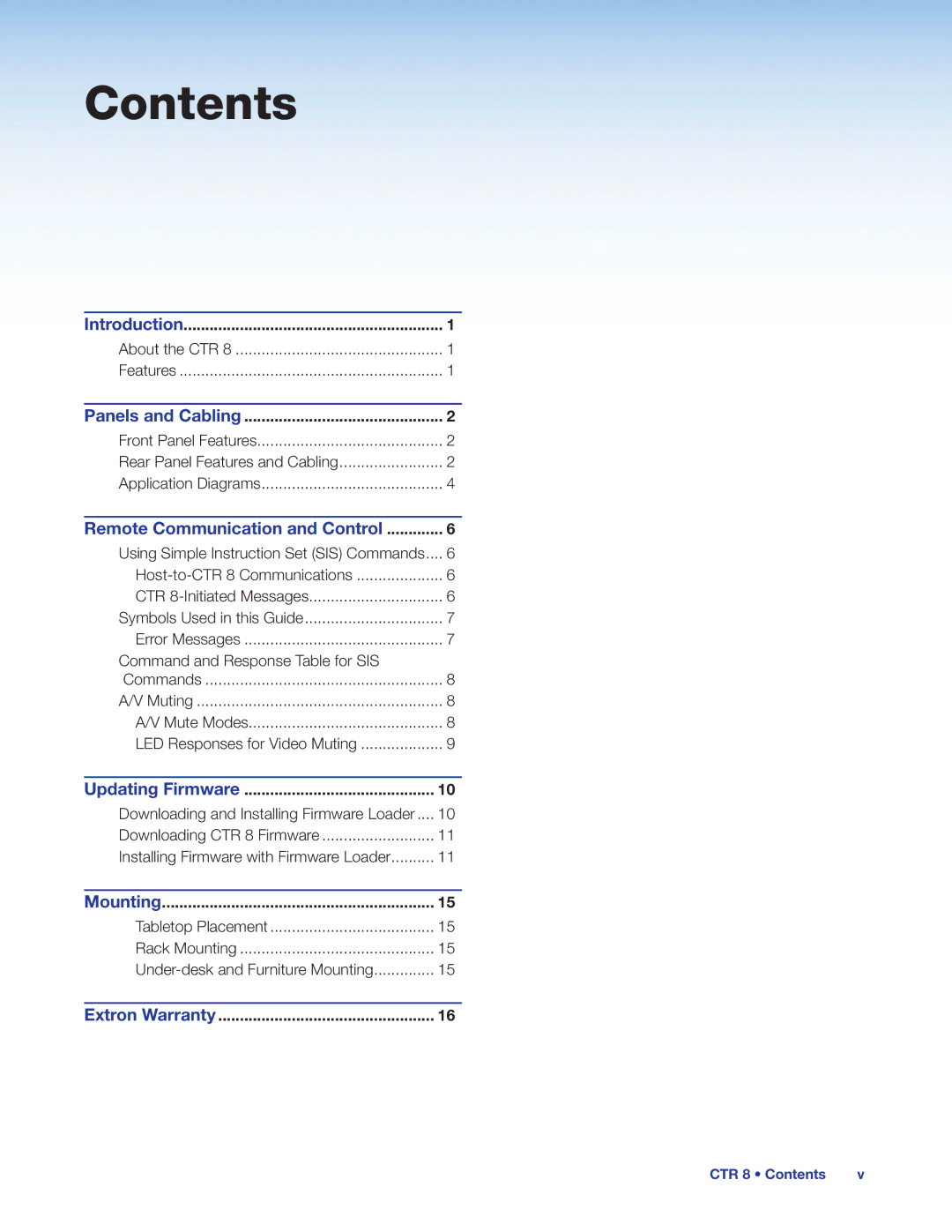 Extron electronic CTR 8 manual Contents 