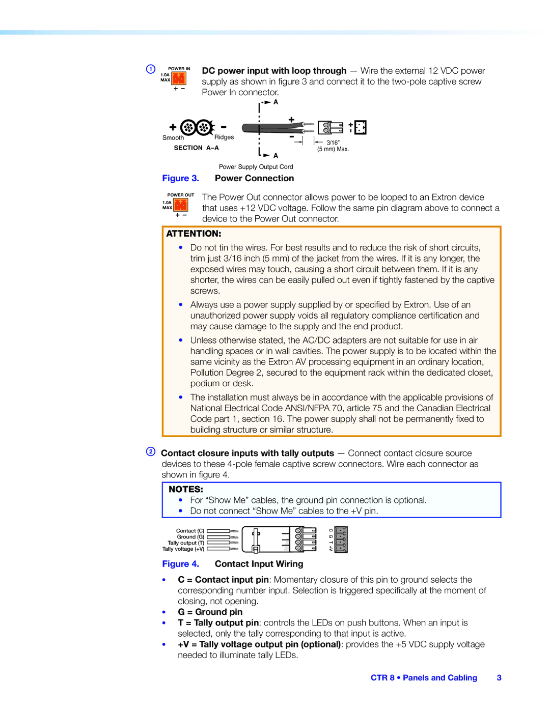 Extron electronic CTR 8 manual Power Connection, = Ground pin 