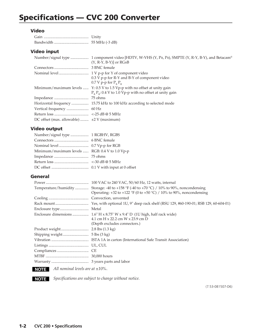 Extron electronic specifications Specifications CVC 200 Converter, Video input, Video output, General 