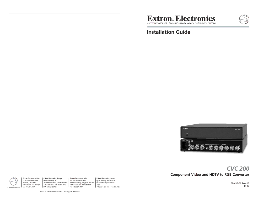 Extron electronic CVC 200 manual Installation Guide, Component Video and Hdtv to RGB Converter 