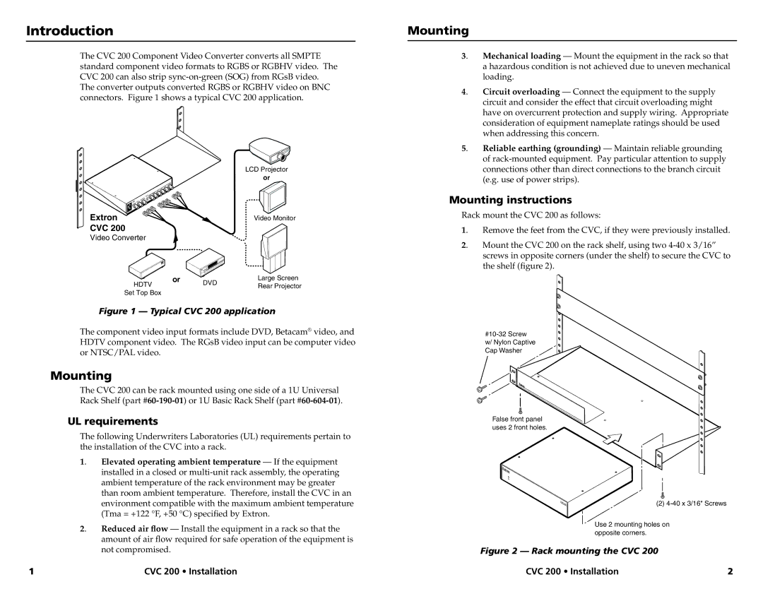 Extron electronic CVC 200 manual Introduction, UL requirements, Mounting instructions 