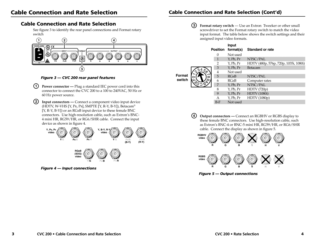 Extron electronic CVC 200 manual Cable Connection and Rate Selection Cont’d 