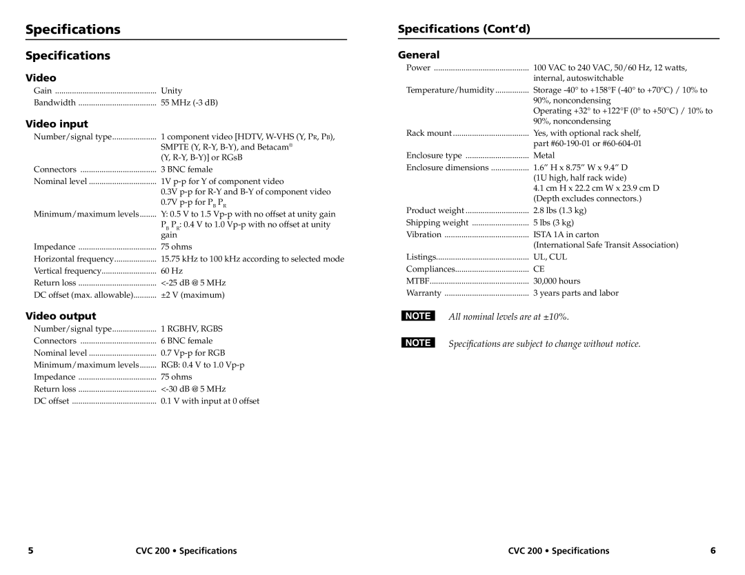 Extron electronic CVC 200 manual Specifications Cont’d 