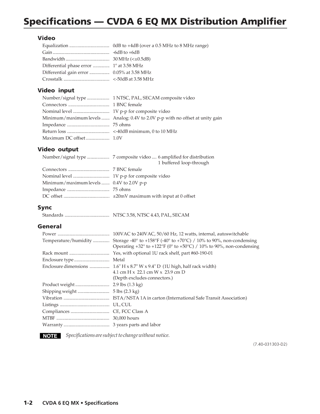 Extron electronic CVDA 6 EQ MX specifications Specifications Cvda 6 EQ MX Distribution Amplifier 