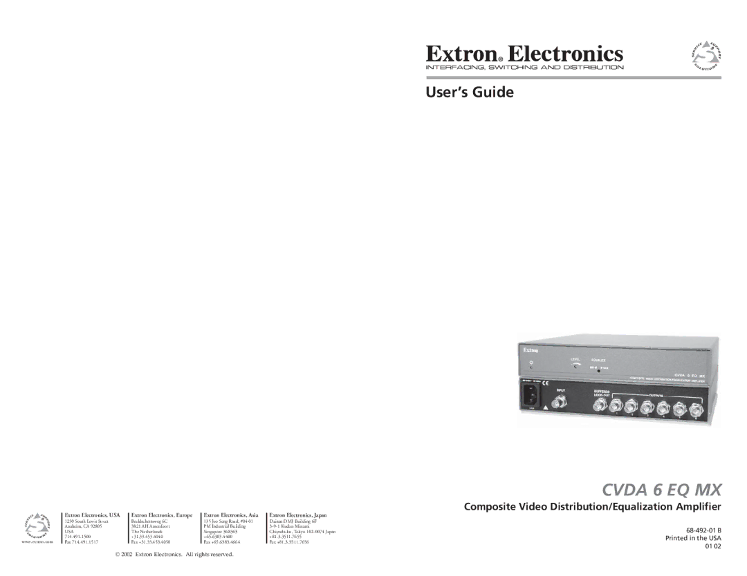 Extron electronic CVDA 6 EQ MX manual Cvda 6 EQ MX, Composite Video Distribution/Equalization Amplifier 