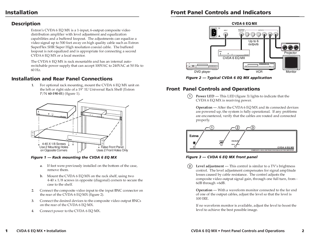 Extron electronic CVDA 6 EQ MX manual Installation, Front Panel Controls and Indicators, Description 