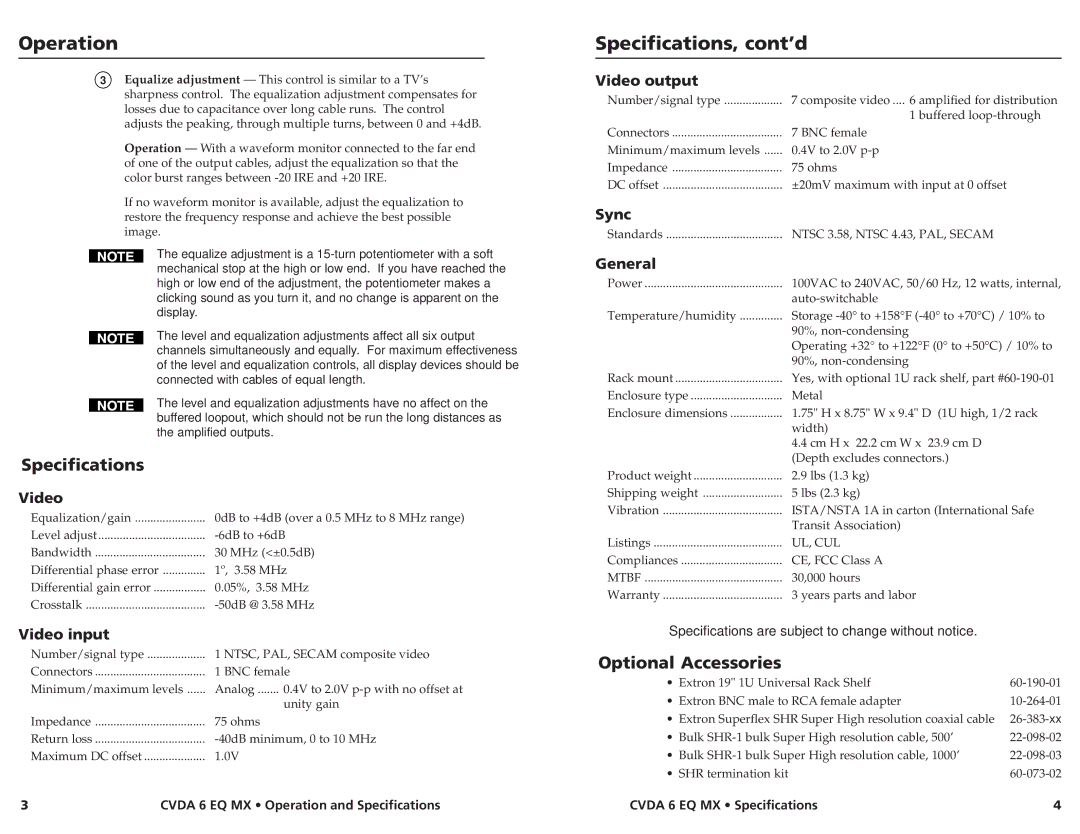 Extron electronic CVDA 6 EQ MX manual Operation, Specifications, cont’d, Optional Accessories 