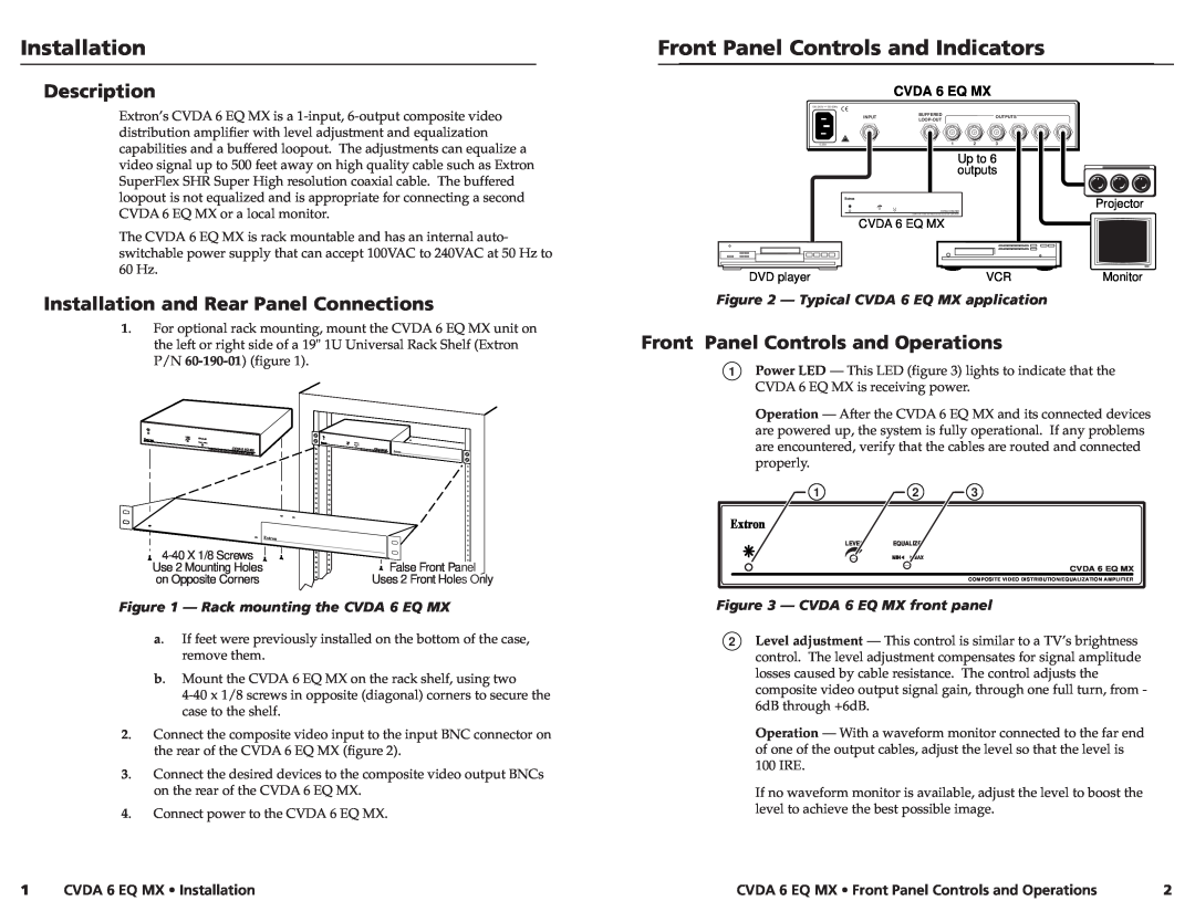 Extron electronic manual Front Panel Controls and Indicators, Description, CVDA 6 EQ MX Installation 