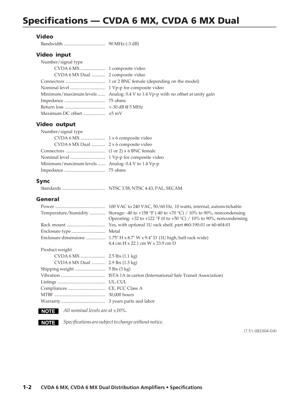 Extron electronic CVDA 6 MX Dual specifications Specifications Cvda 6 MX, Cvda 6 MX Dual 