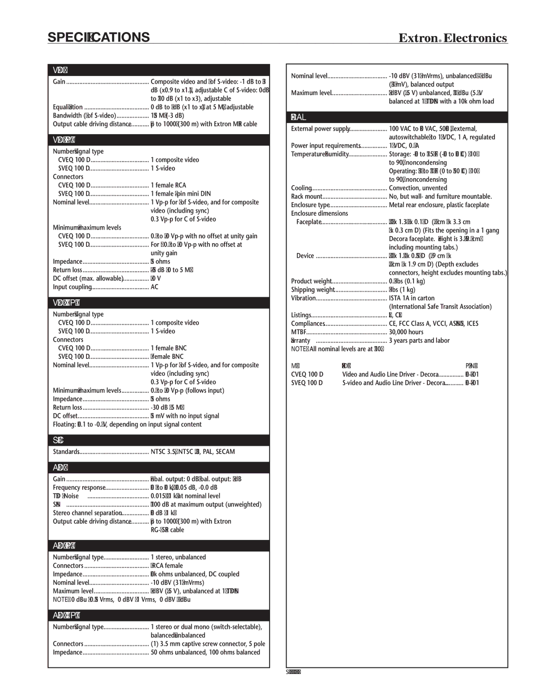 Extron electronic CVEQ 100 D manual Specifications, Video 