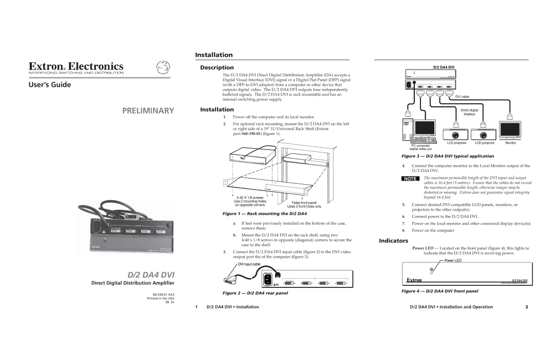 Extron electronic D/2 DA4 DVI manual Installation, Description, Indicators, Direct Digital Distribution Amplifier 