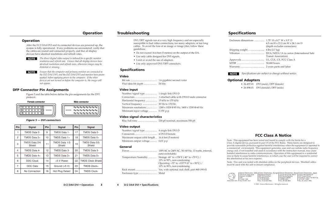 Extron electronic D/2 DA4 DVI manual Operation, Troubleshooting, Specifications, FCC Class a Notice 