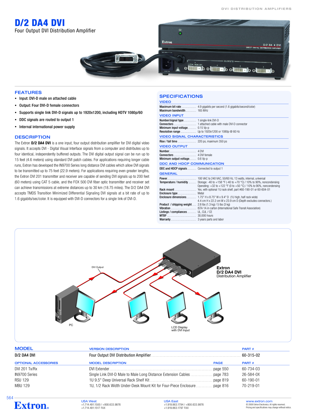 Extron electronic D/2 DA4 DVI specifications Four Output DVI Distribution Amplifier, Features, Specifications, Description 