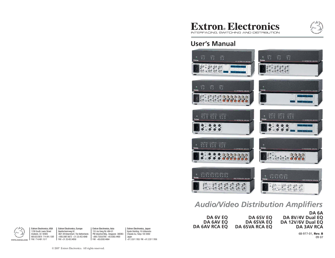 Extron electronic DA 6V EQ, DA 6SVA EQ, DA 3AV RCA, DA 6SVA RCA EQ, DA 6SV EQ user manual DA 8V/4V Dual EQ, DA 12V/6V Dual EQ 