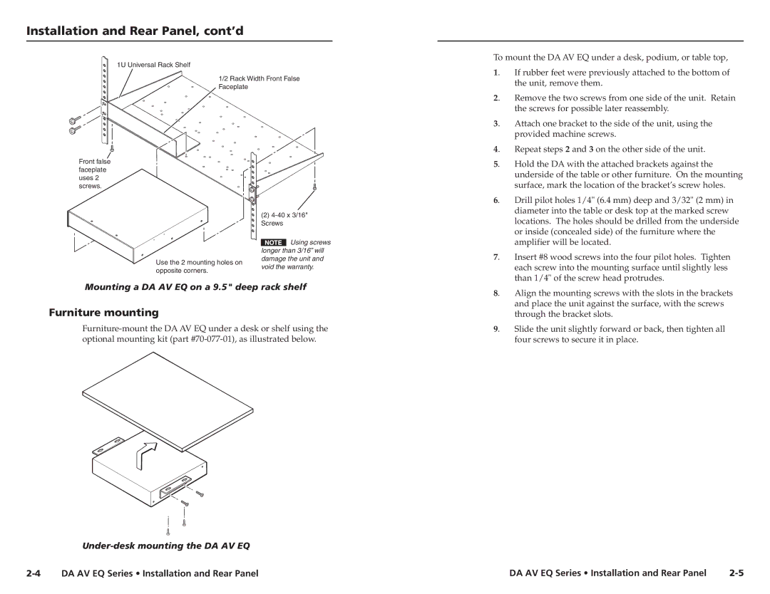 Extron electronic DA 8V/4V Dual EQ, DA 6V EQ, DA 6SVA EQ, DA 3AV RCA Installation and Rear Panel, cont’d, Furniture mounting 