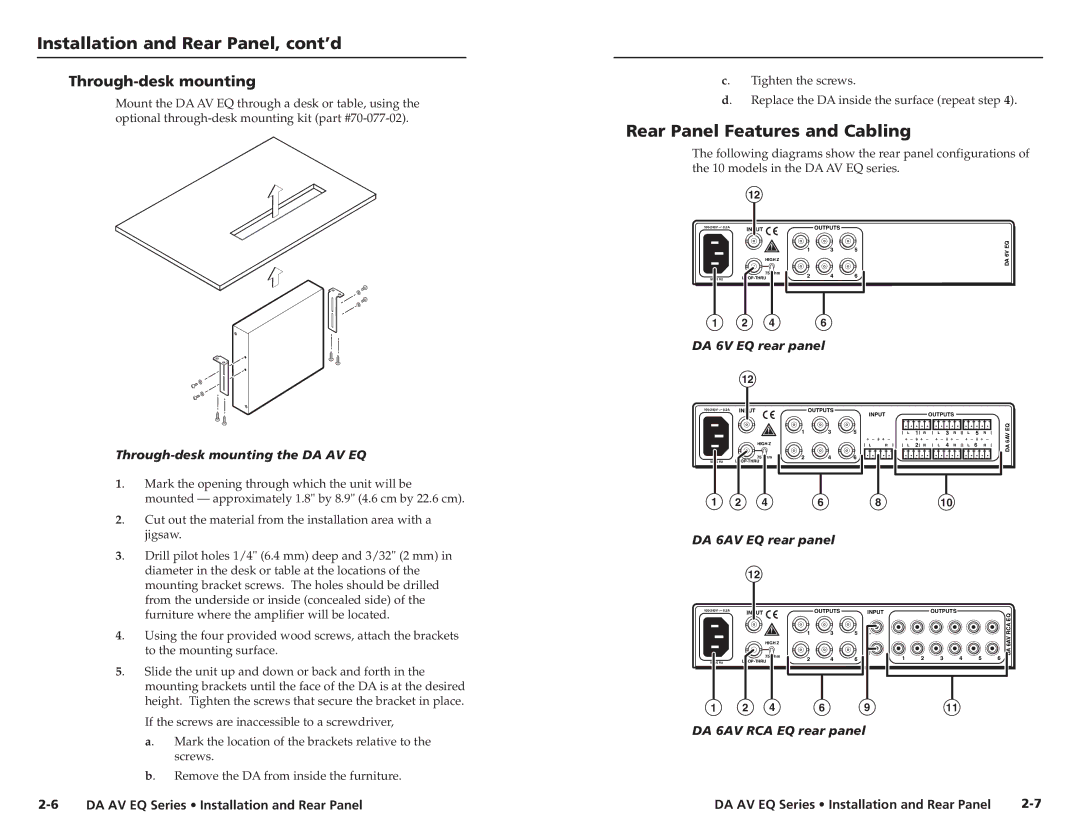 Extron electronic DA 6V EQ, DA 8V/4V Dual EQ, DA 6SVA EQ, DA 3AV RCA Rear Panel Features and Cabling, Through-desk mounting 