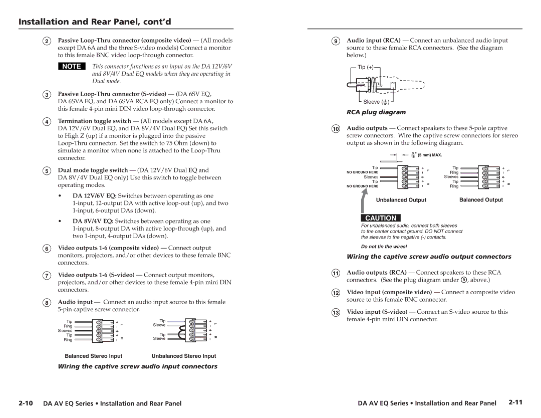 Extron electronic DA 3AV RCA, DA 8V/4V Dual EQ, DA 6V EQ Passive Loop-Thru connector S-video DA 6SV EQ, RCA plug diagram 