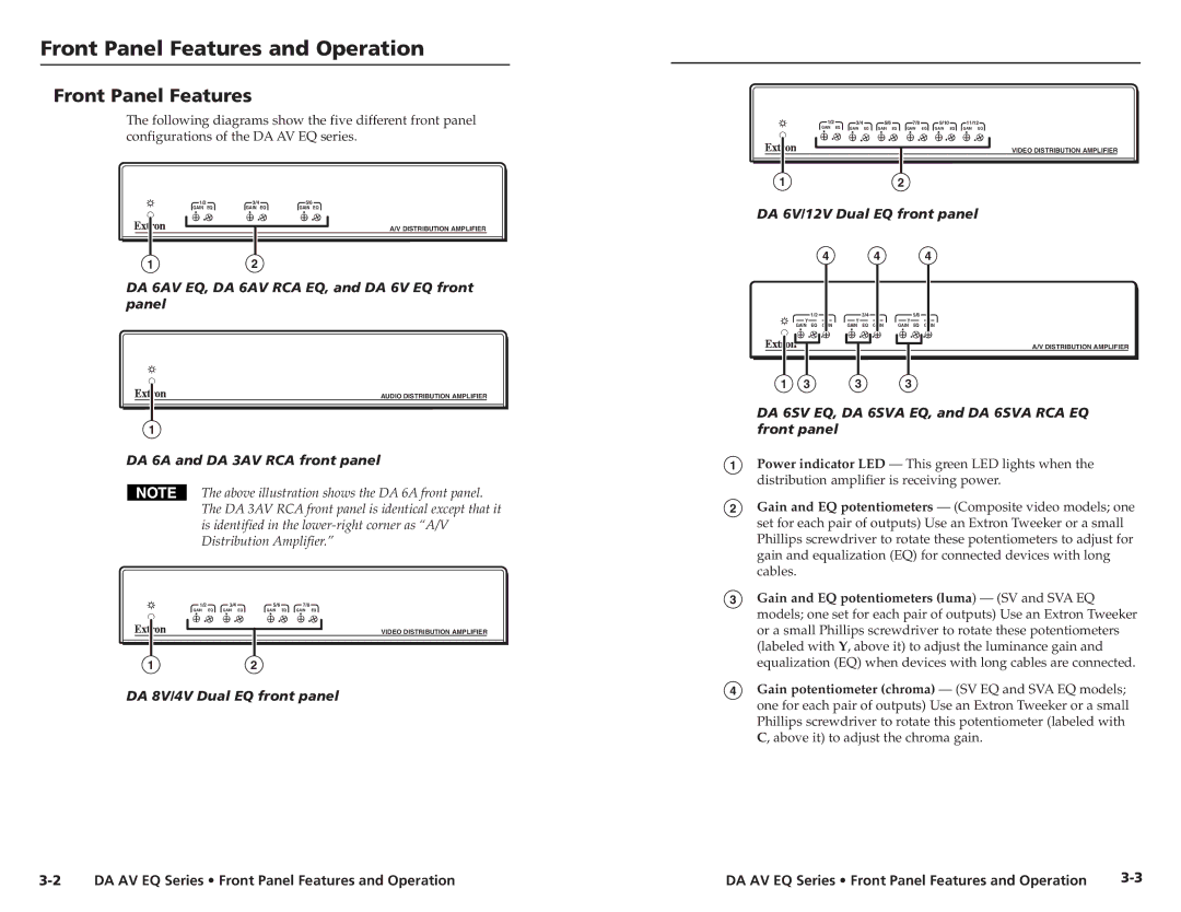 Extron electronic DA 6AV RCA EQ, DA 8V/4V Dual EQ, DA 6V EQ, DA 6SVA EQ, DA 3AV RCA Front Panel Features and Operation 