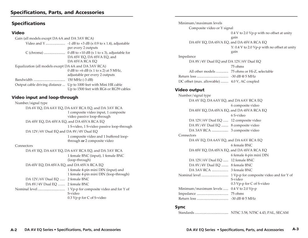 Extron electronic DA 6A Specifications, Parts, and Accessories, Video input and loop-through, Video output, Sync 