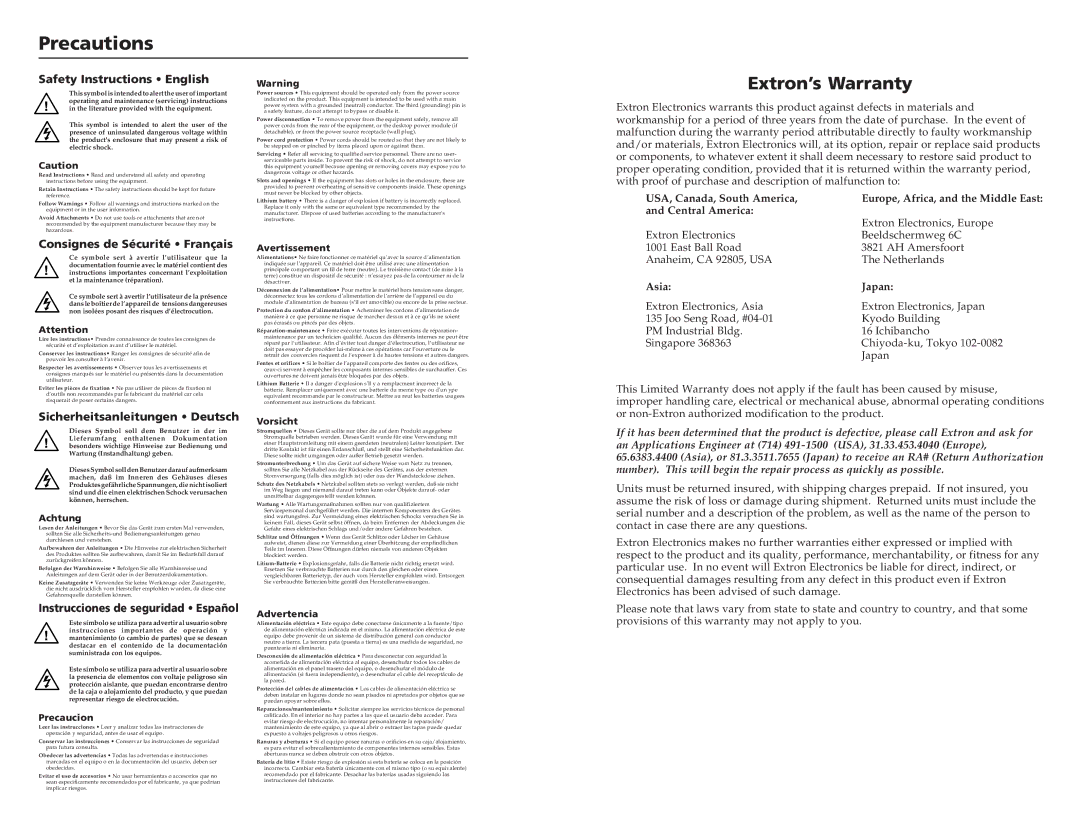 Extron electronic DA 6SVA EQ, DA 8V/4V Dual EQ, DA 6V EQ, DA 3AV RCA, DA 6SVA RCA EQ, DA 6SV EQ Precautions, Extron’s Warranty 