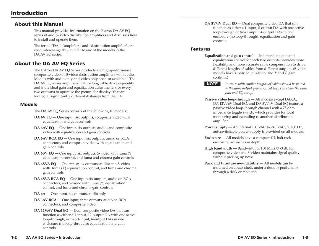 Extron electronic DA 6AV EQ, DA 8V/4V Dual EQ Introduction, About this Manual, About the DA AV EQ Series, Models, Features 