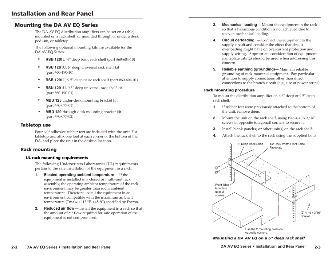 Extron electronic DA 6A, DA 6V EQ Installation and Rear Panel, Mounting the DA AV EQ Series, Tabletop use, Rack mounting 