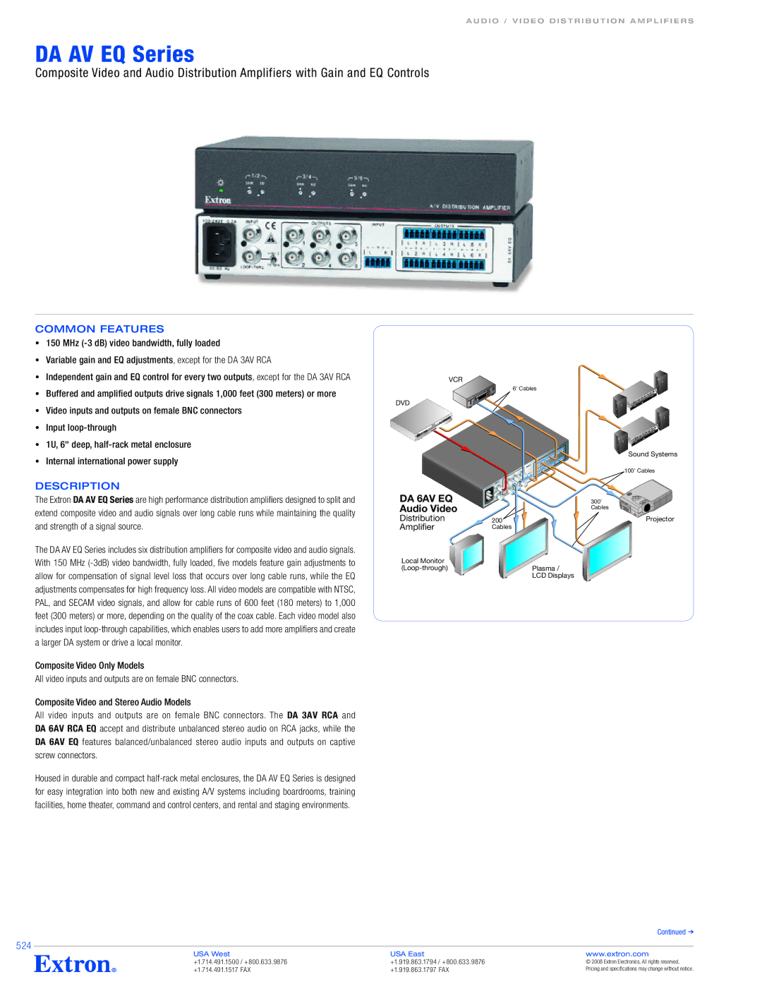 Extron electronic DA AV EQ Series specifications Common Features, Description, 524, USA West USA east 