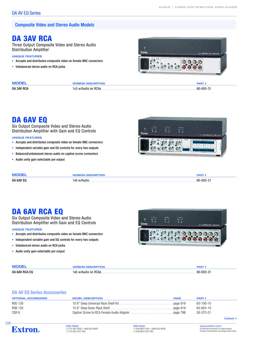 Extron electronic DA AV EQ Series specifications DA 3AV RCA, DA 6AV EQ, DA 6AV RCA EQ 