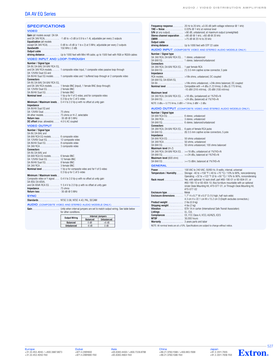 Extron electronic DA AV EQ Series specifications Specifications, 527 