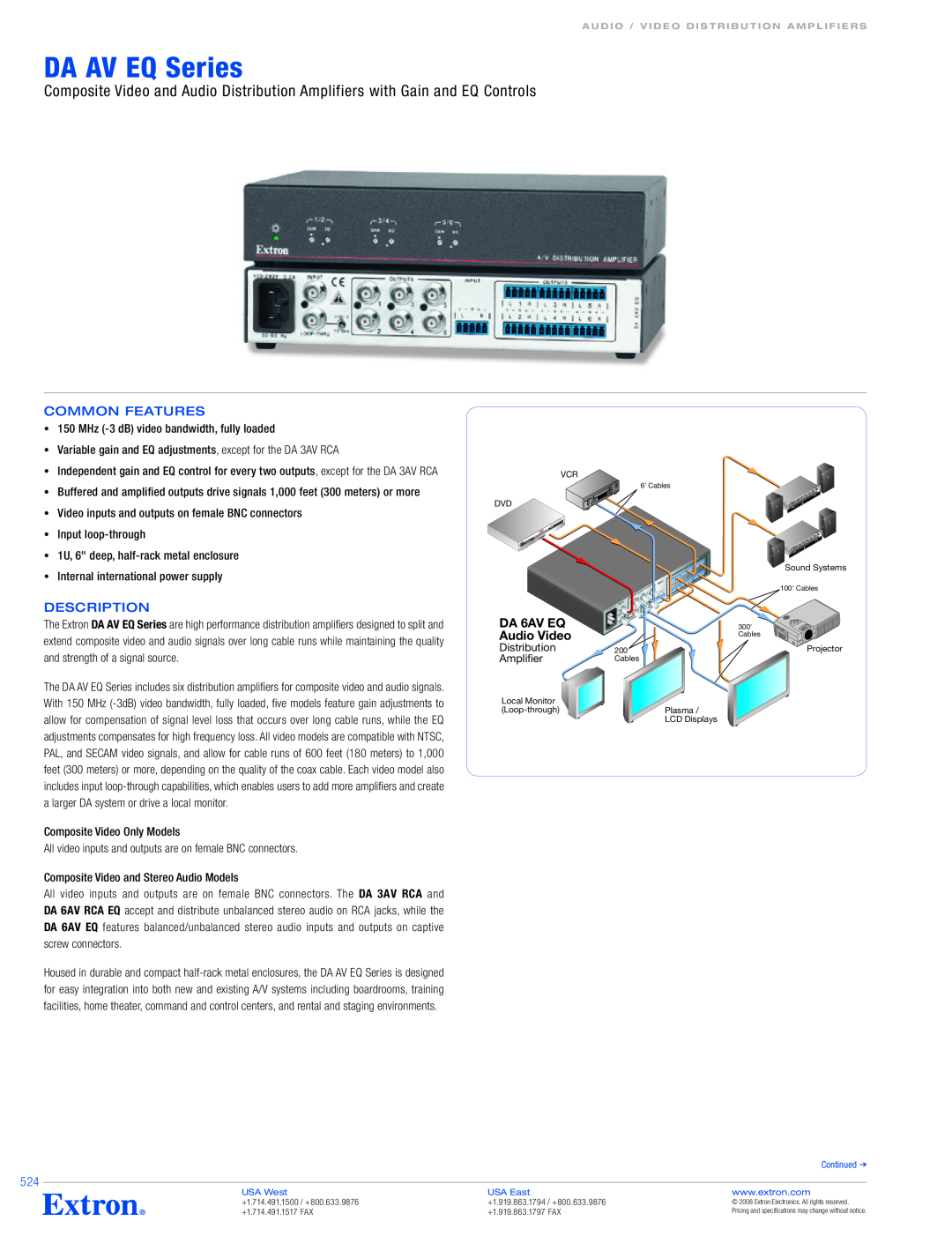 Extron electronic DA AV EQ Series specifications Common Features, Description, DA 6AV EQ, Audio Video 