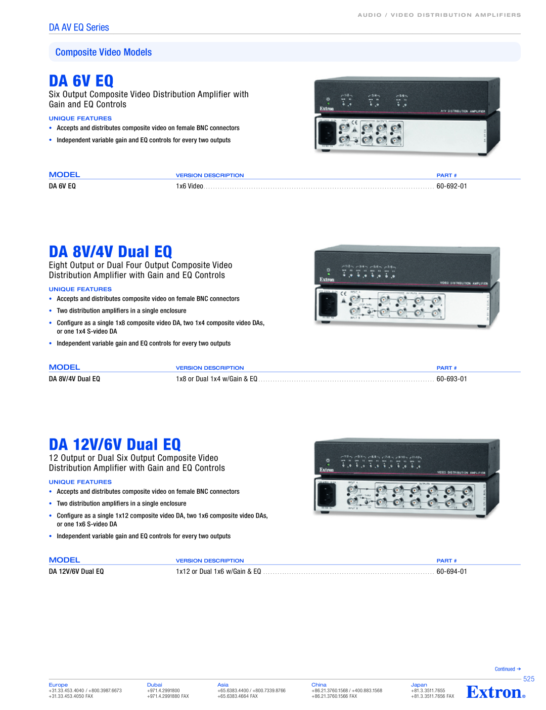 Extron electronic DA 6V EQ, DA 8V/4V Dual EQ, DA 12V/6V Dual EQ, DA AV EQ Series Composite Video Models, 60-692-01 