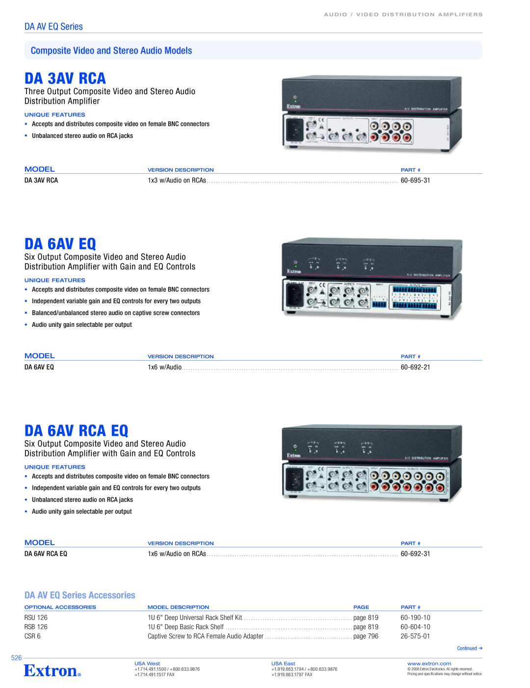 Extron electronic DA AV EQ Series DA 3AV RCA, DA 6AV EQ, DA 6AV RCA EQ, Composite Video and Stereo Audio Models, 60-695-31 