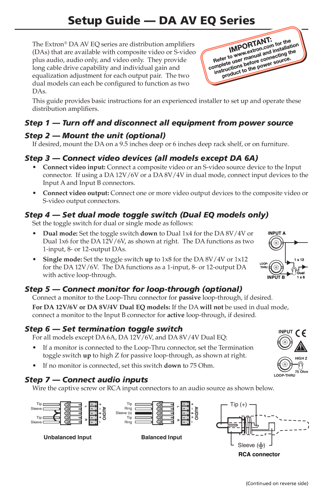 Extron electronic DA AV EQ setup guide Set termination toggle switch, Connect audio inputs 