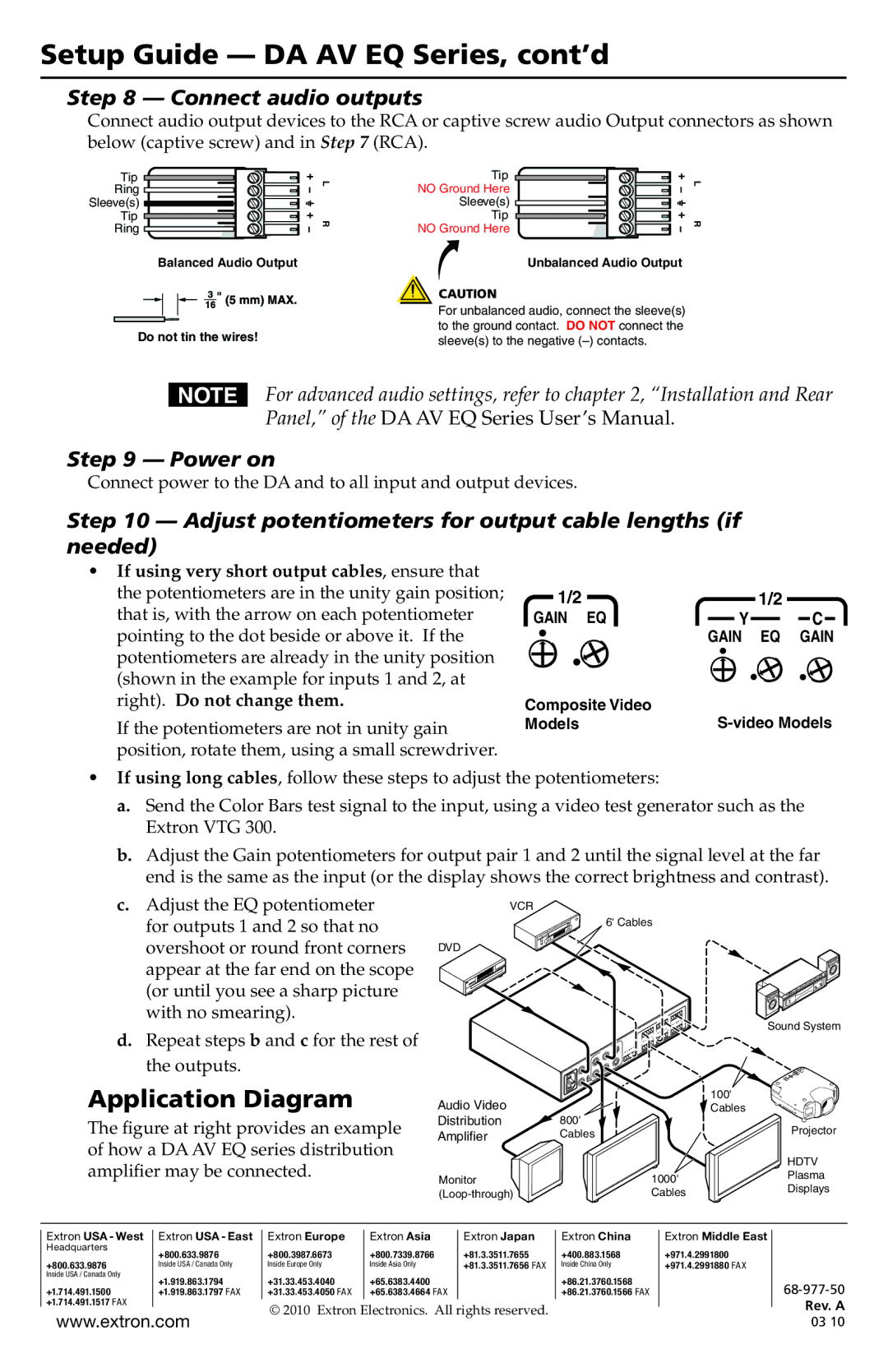 Extron electronic DA AV EQ Connect audio outputs, Power on, Adjust potentiometers for output cable lengths if needed 
