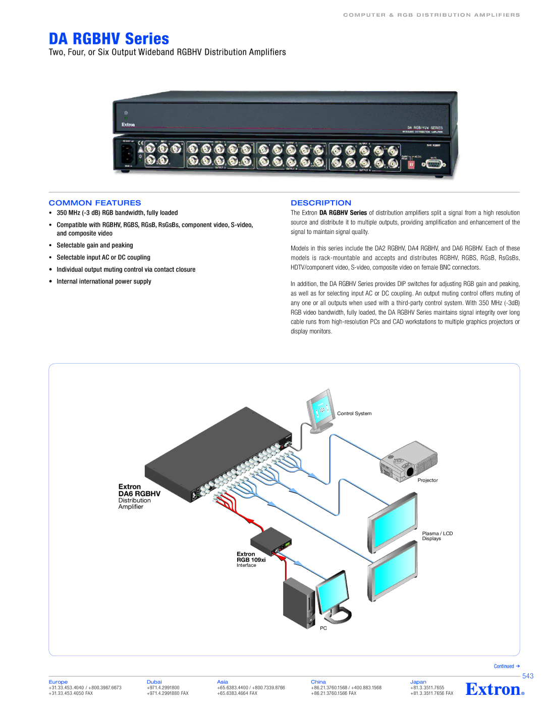 Extron electronic DA RGBHV Series specifications Common Features, 543 