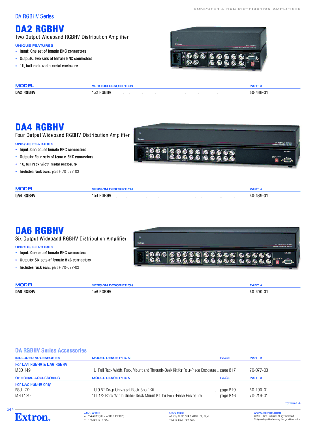 Extron electronic DA RGBHV Series specifications DA2 Rgbhv, DA4 Rgbhv, DA6 Rgbhv 