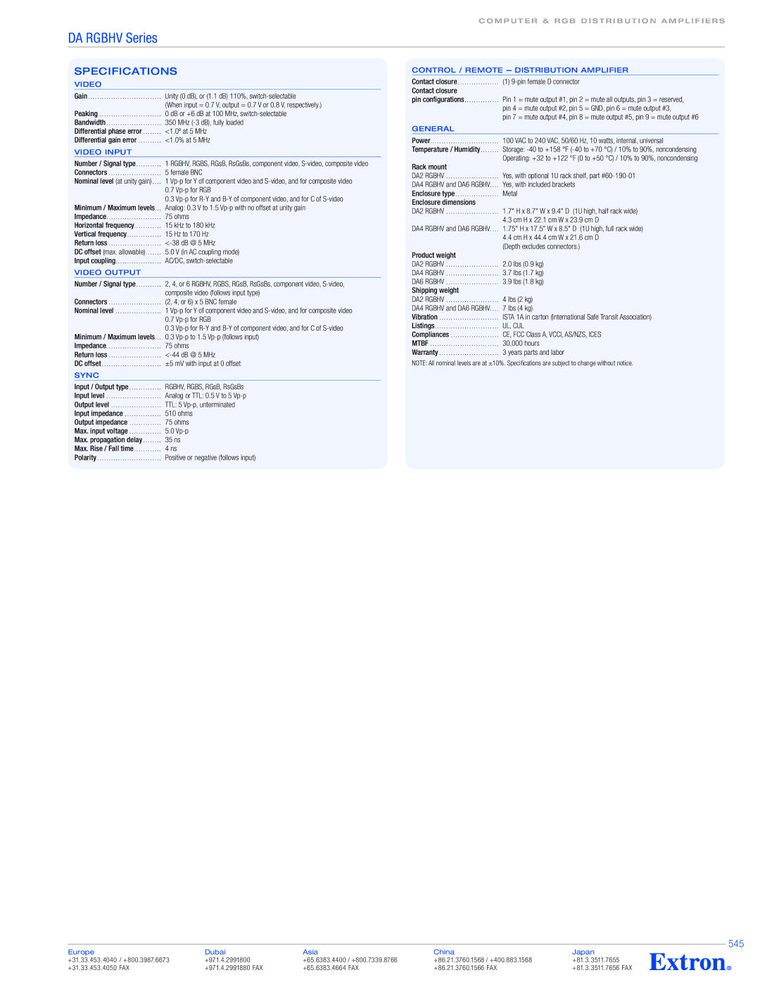 Extron electronic DA RGBHV Series specifications 545 