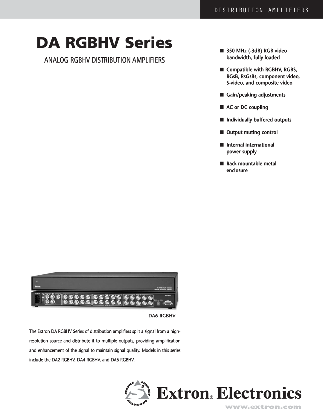 Extron electronic manual DA RGBHV Series, Analog Rgbhv Distribution Amplifiers, Individually buffered outputs 