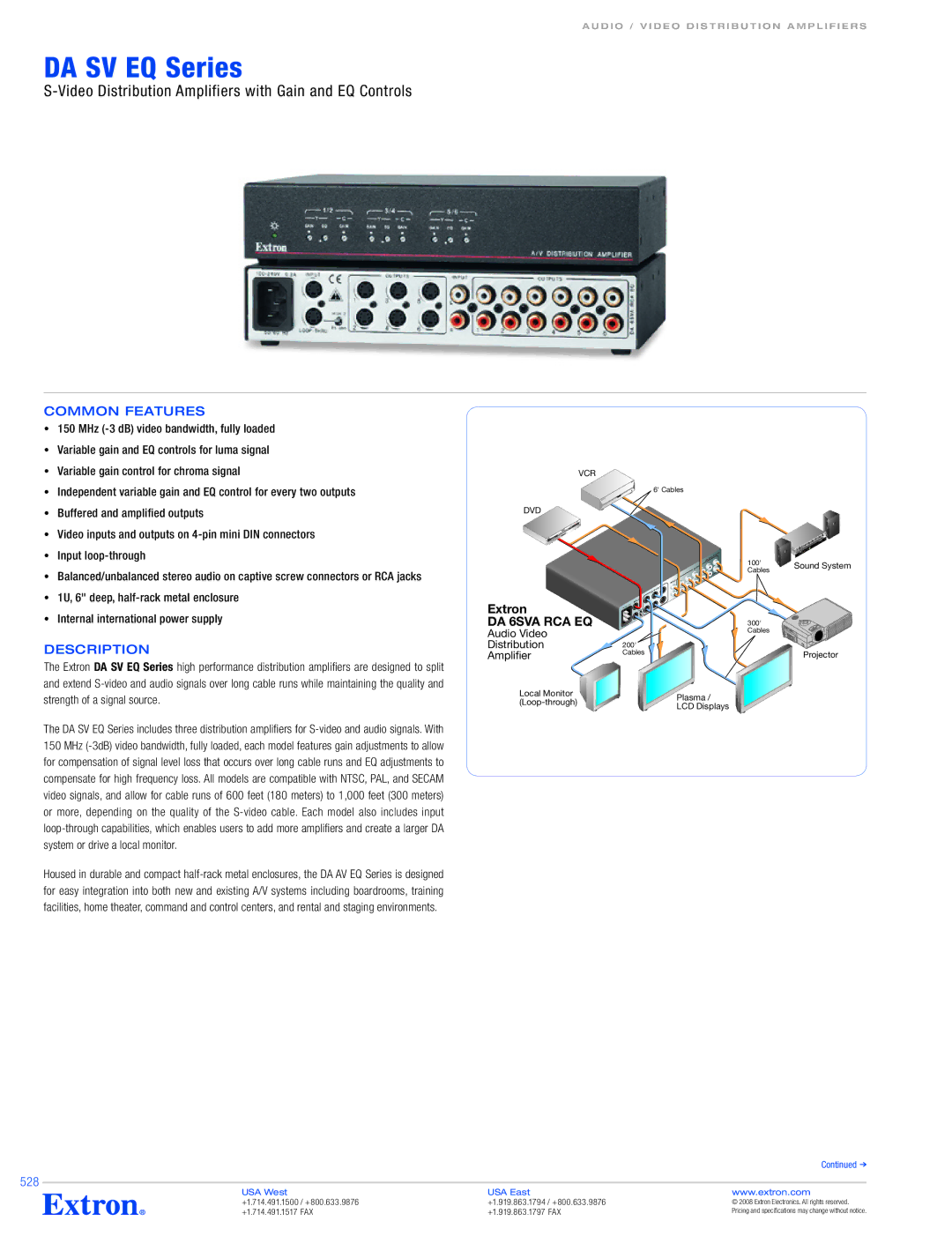 Extron electronic DA SV EQ Series specifications Common Features 