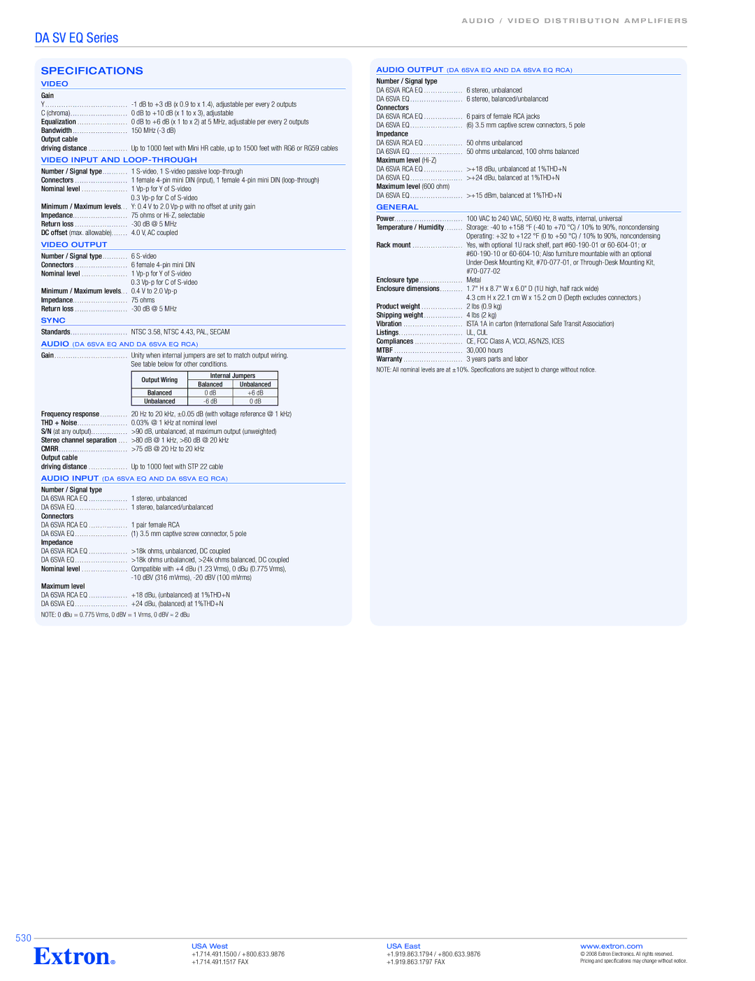 Extron electronic DA SV EQ Series specifications 530 