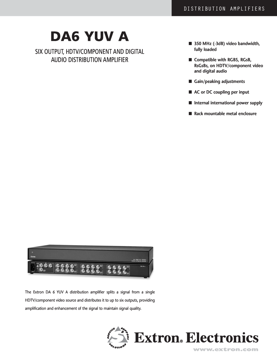 Extron electronic DA6 YUV A manual Audio Distribution Amplifier, Six Output, Hdtv/Component And Digital 